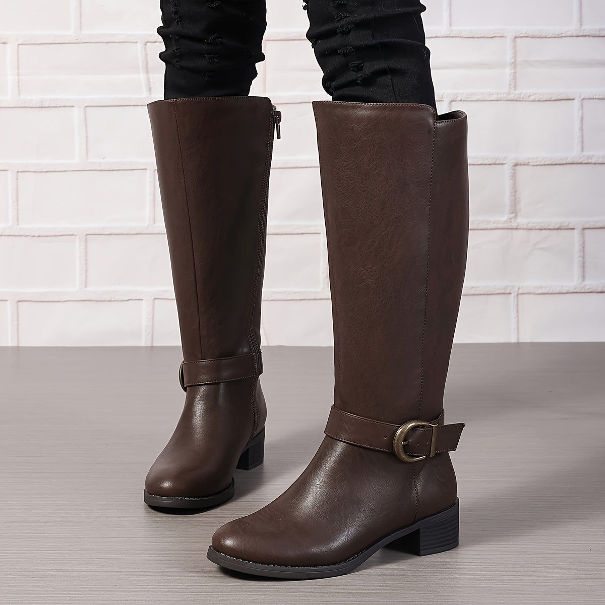 Women's Black Mid-Calf Cover Boots with Chunky Heel and Side Zipper