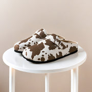 Women's Corduroy Mules with Cow Print Lightweight Casual Flat Shoes