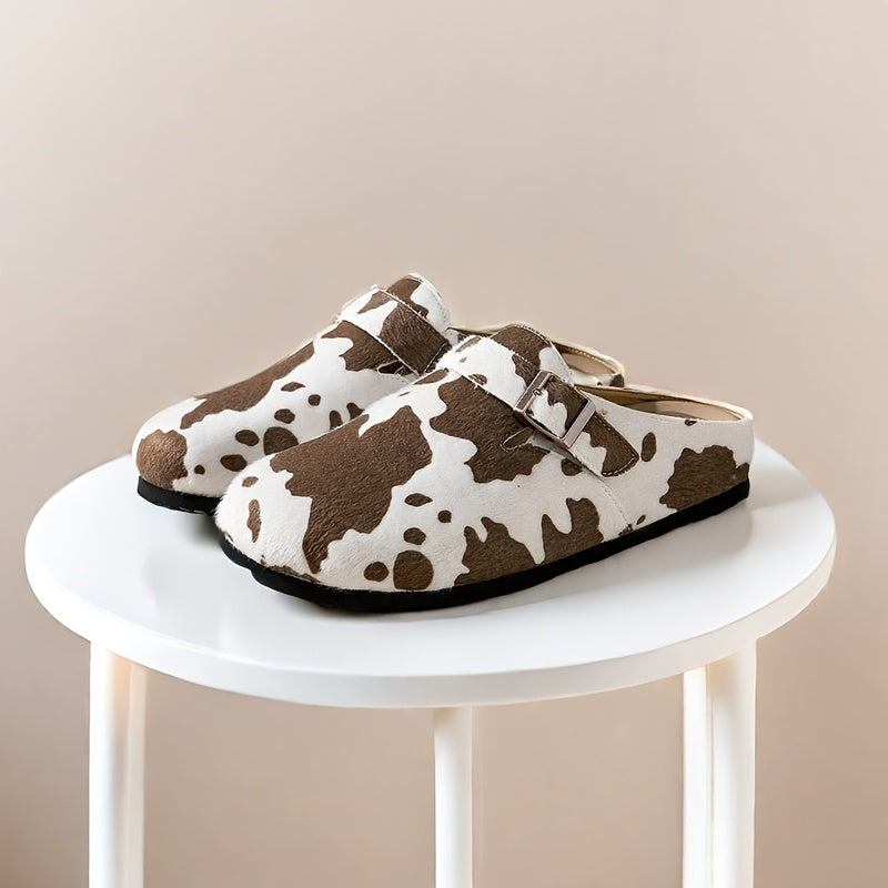 Women's Corduroy Mules with Cow Print Lightweight Casual Flat Shoes