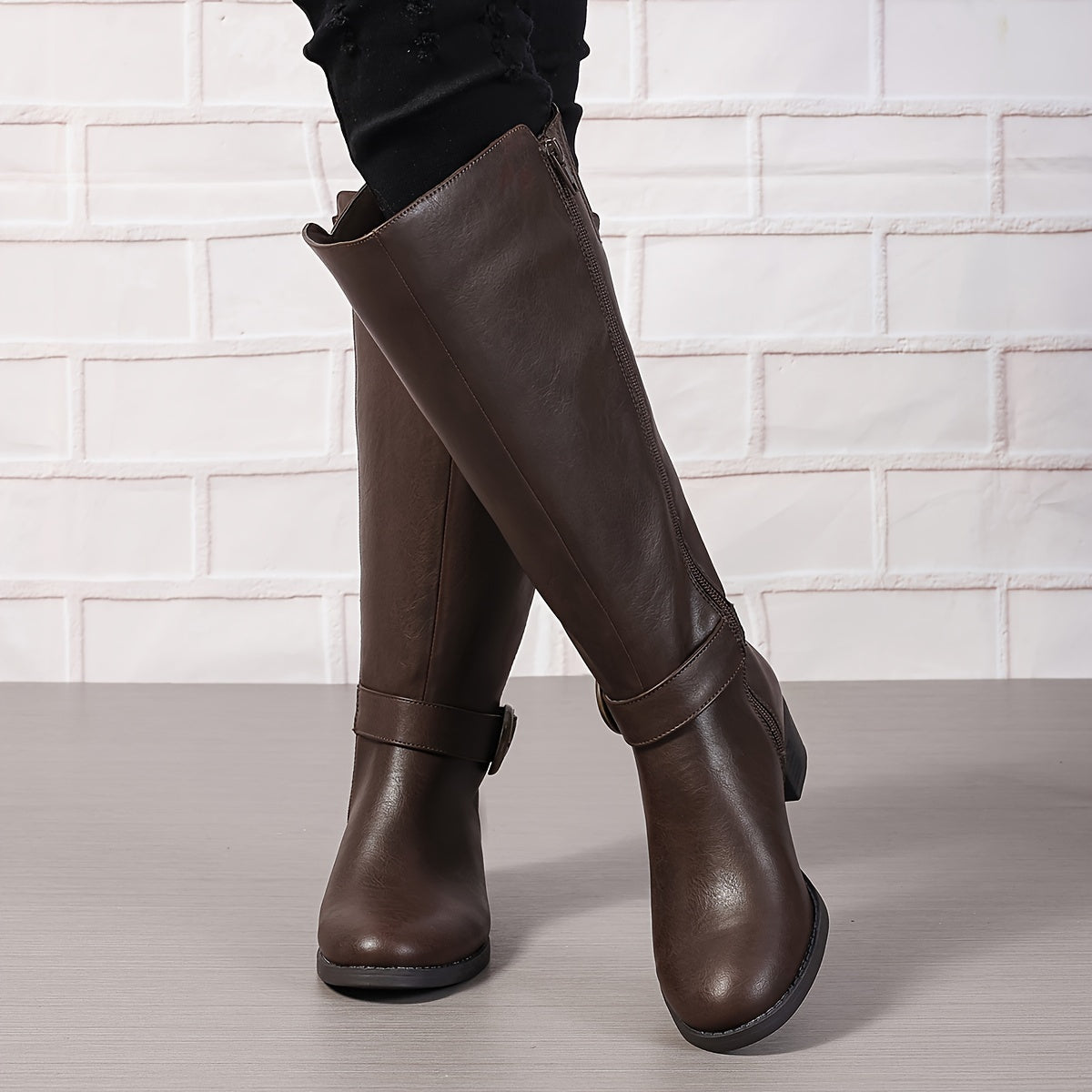Women's Black Mid-Calf Cover Boots with Chunky Heel and Side Zipper