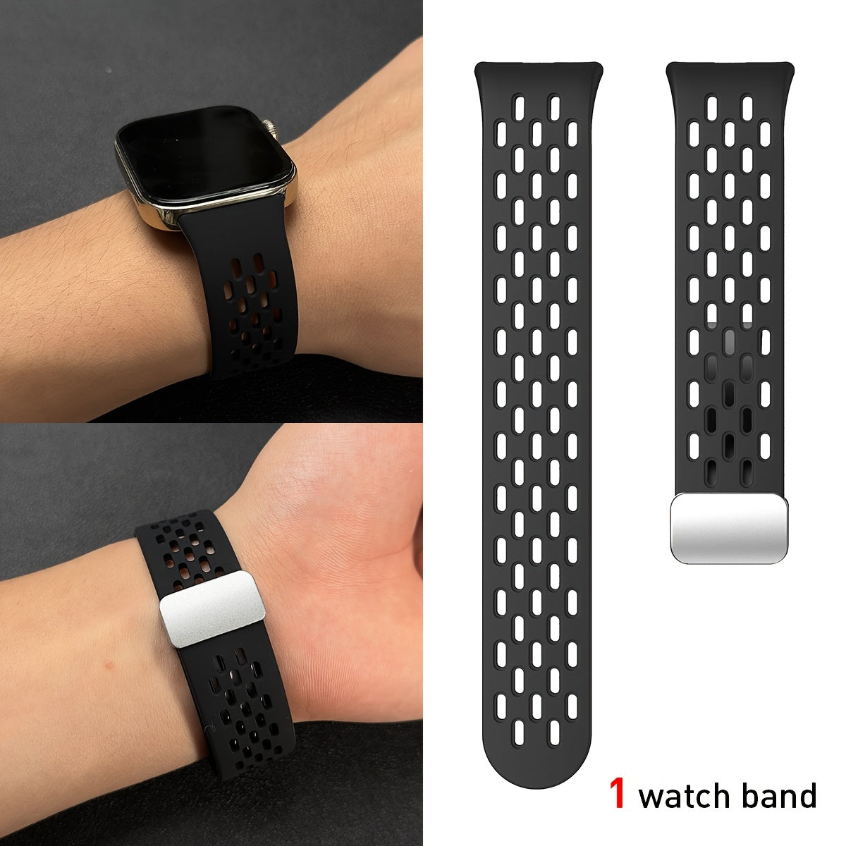 Silicone Watch Strap Breathable Multi-Hole Magnetic Folding for Fitness Tracker
