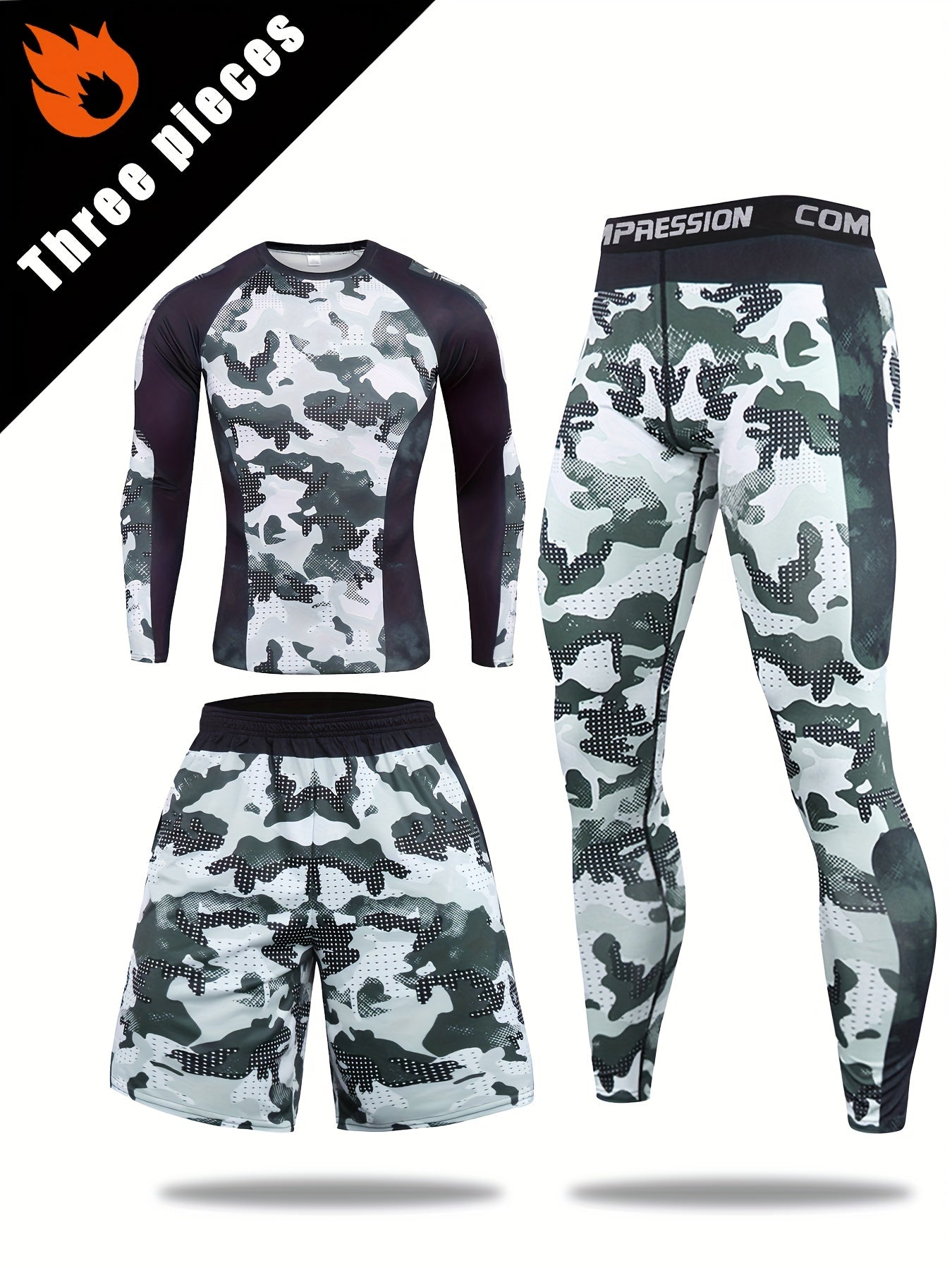 Men's Camo Compression Set Long Sleeve Top Shorts Leggings Athletic Training Outdoor