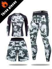 Men's Camo Compression Set Long Sleeve Top Shorts Leggings Athletic Training Outdoor