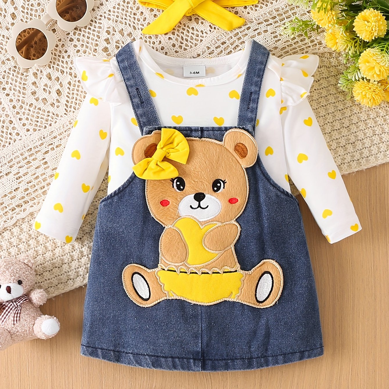 Girls' Knit Romper Set with Denim Skirt and Polka Dot Top for All Seasons