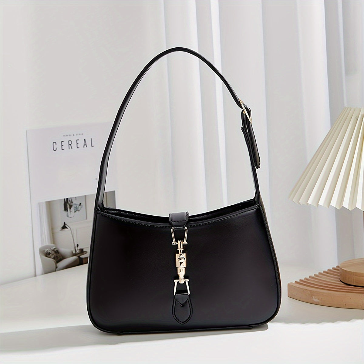 Vegan Shoulder Bag for Women Solid Color PU Casual Handbag Black