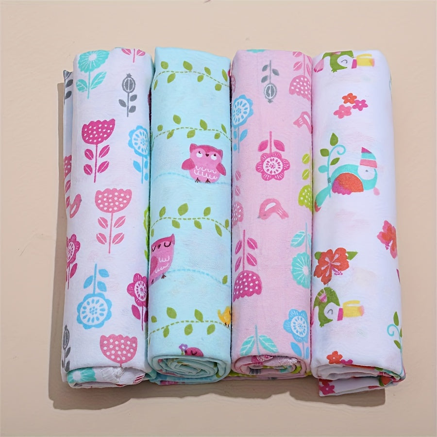 Набор из 4-х пеленок с принтом мультяшных животных для младенцев: Рекомендуется ручная стирка, Идеально для детей от 0 до 3 лет, Изготовлено из 100% хлопка