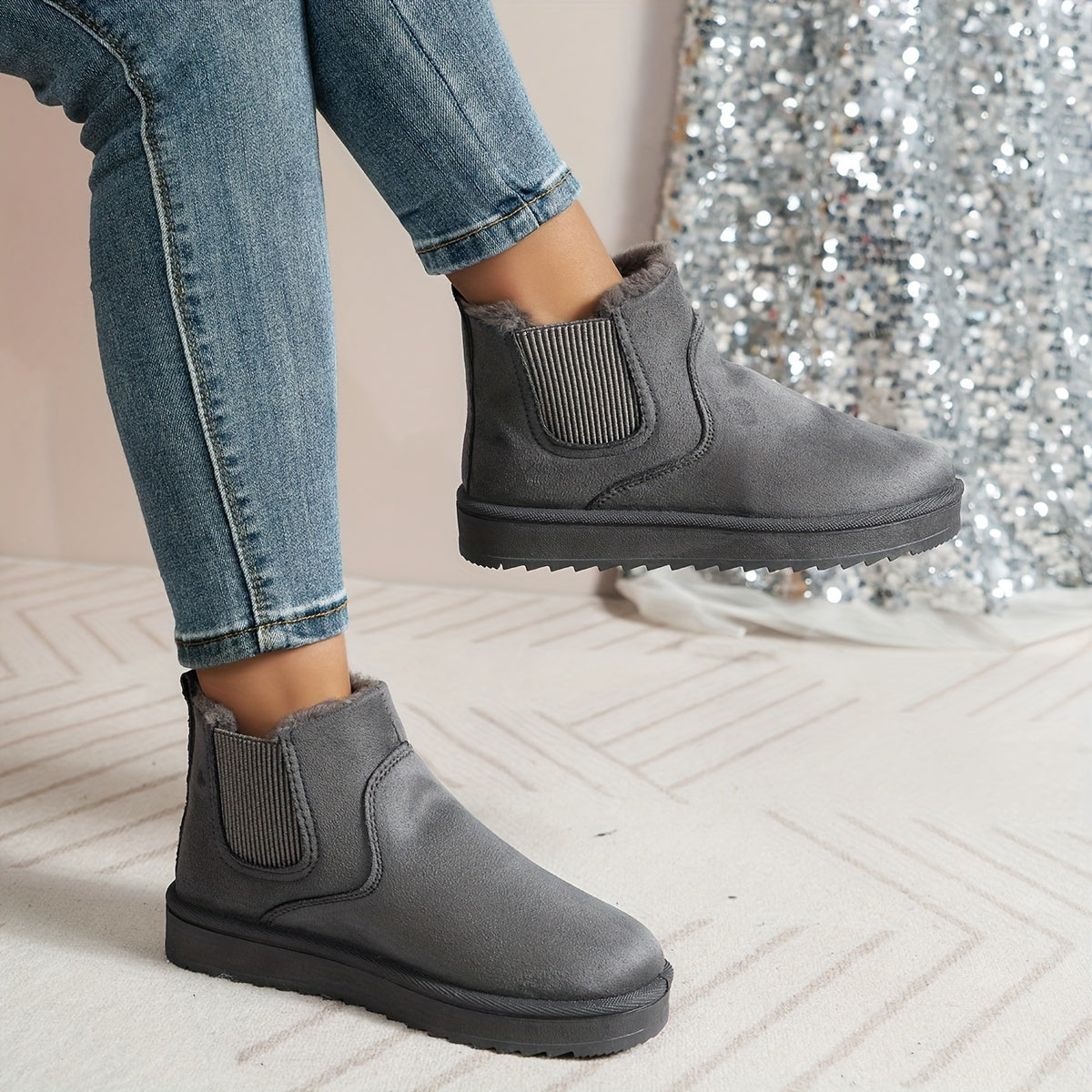 Women's Winter Slip-On Boots Brown Rubber Sole Casual Ankle Footwear