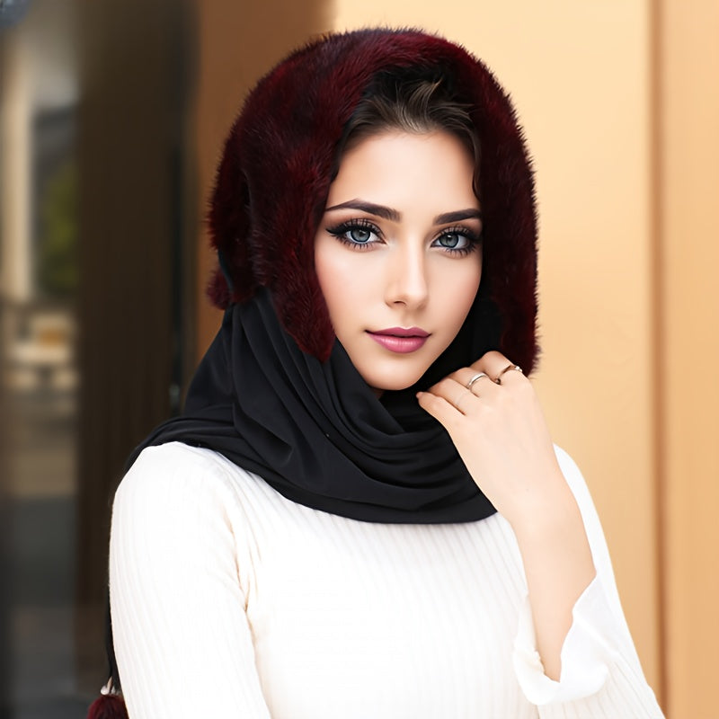 Qora rangda qizil aksentlar bilan bezatilgan zamonaviy ayollar uchun soxta mink mo'ynali sharf shlyapa, kuz/qish uchun mukammal.