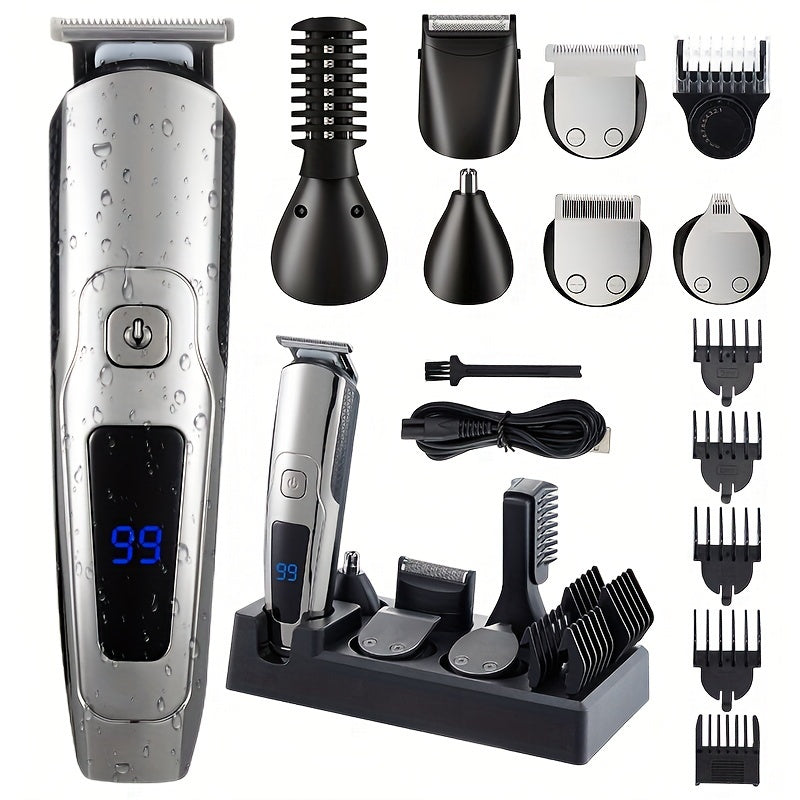 Adjustable 6-in-1 Electric Hair Trimmer Set with USB Charging LCD Display for Beard Body Nose Ears Face
