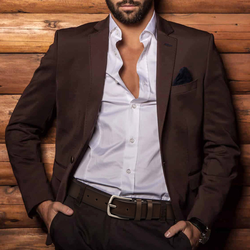 Men's Genuine Leather Belts Adjustable 3.17cm Width Square Buckle for Jeans Dress Pants Black Brown Set