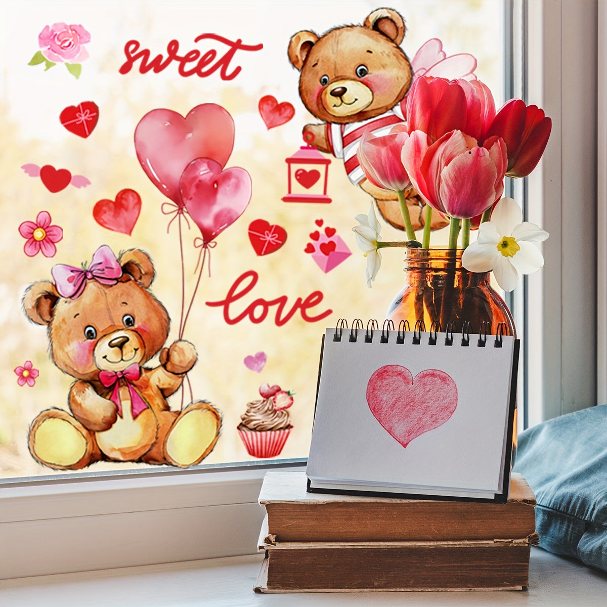 Valentine's Day Teddy Bear Heart Balloons Window Stickers 2 Sheets Reusable PVC