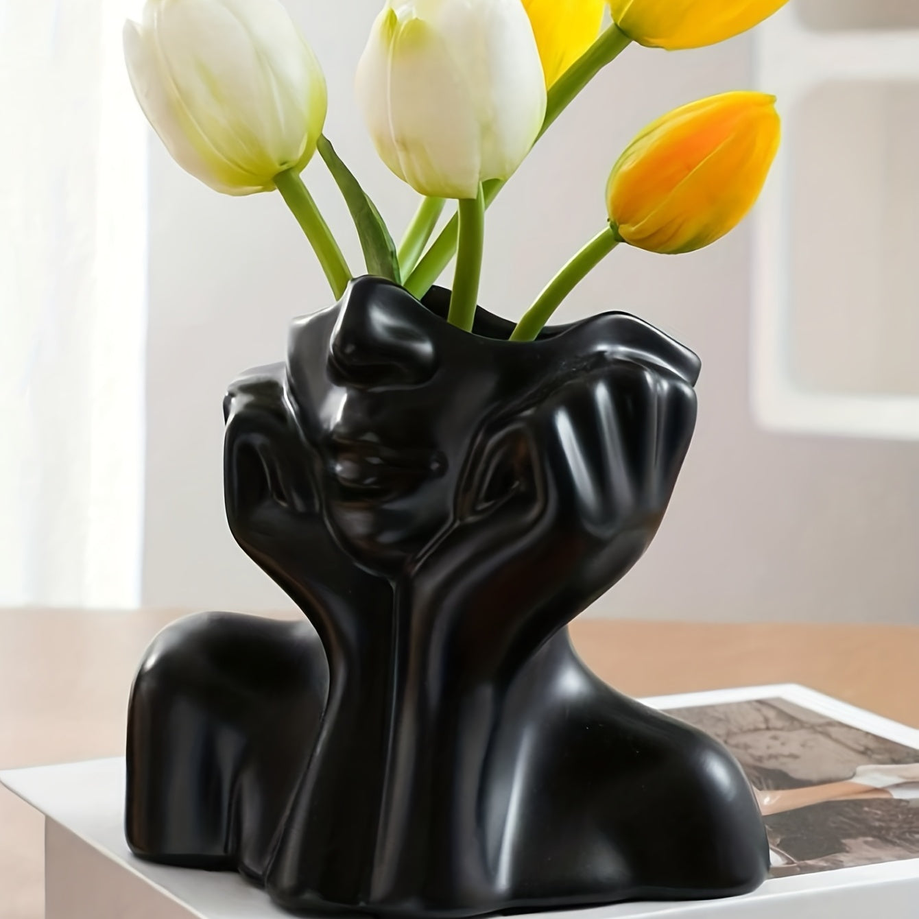 White Resin Vase with Human Face Design Nordic Home Decor Double Handles for Floral Display