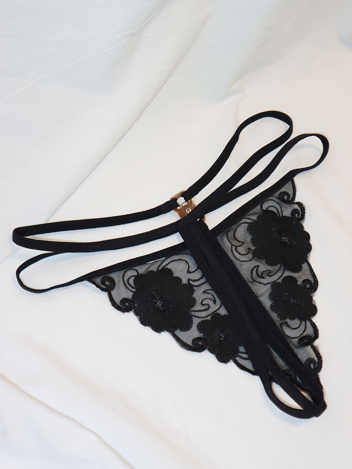 Women's Thong Lingerie with Embroidered Floral Design Made of Polyester Mesh