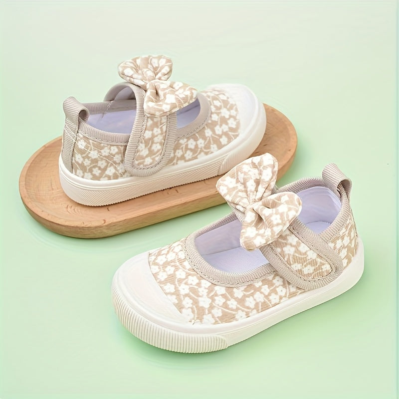 Girls Floral Print Canvas Sneakers with Bow Detail Non-Slip TPR Sole for Casual Outdoor Wear