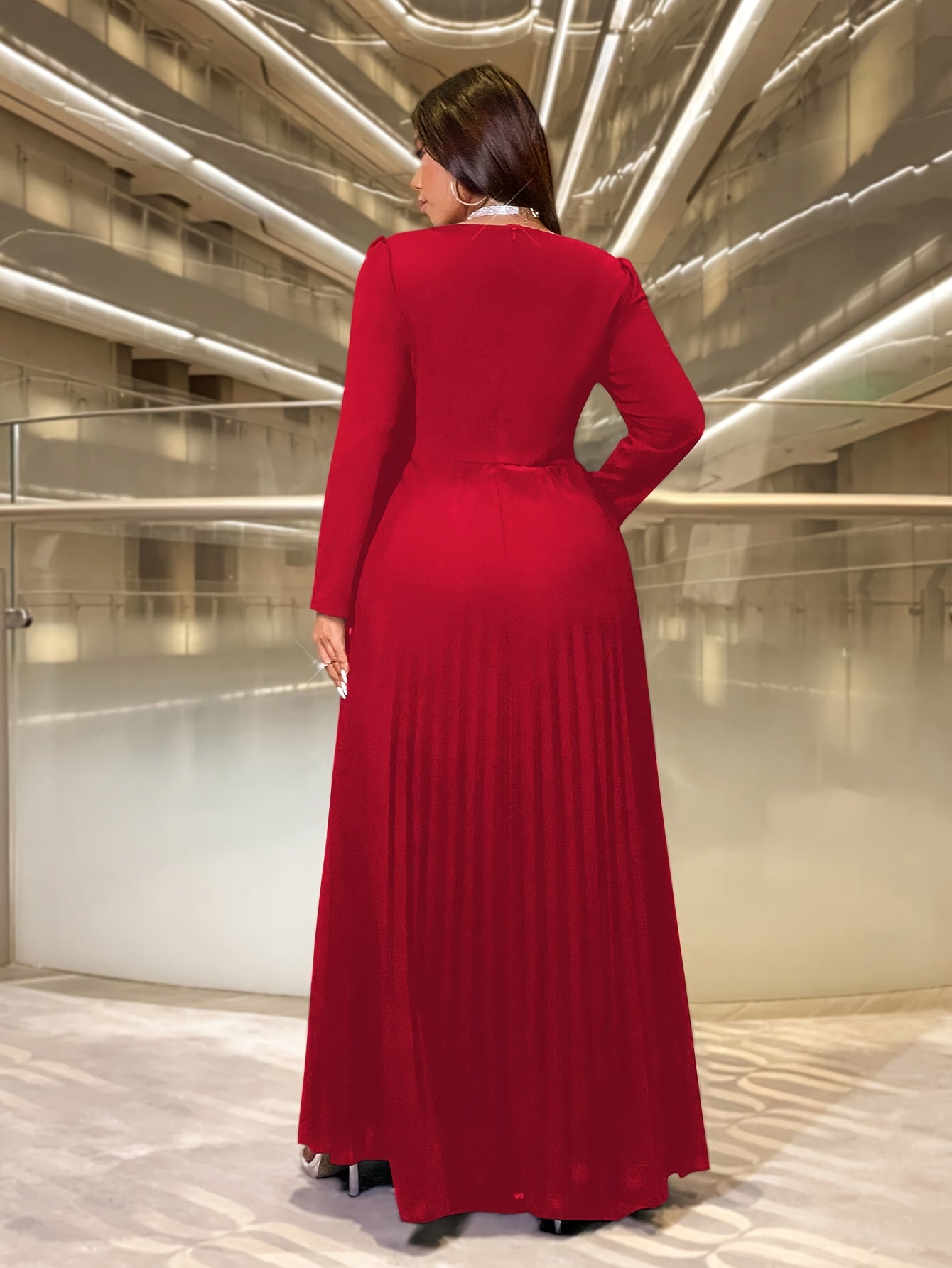 Plus Size V-Neck Long Sleeve Maxi Dress Ruched Hem Red Formal Party Wear