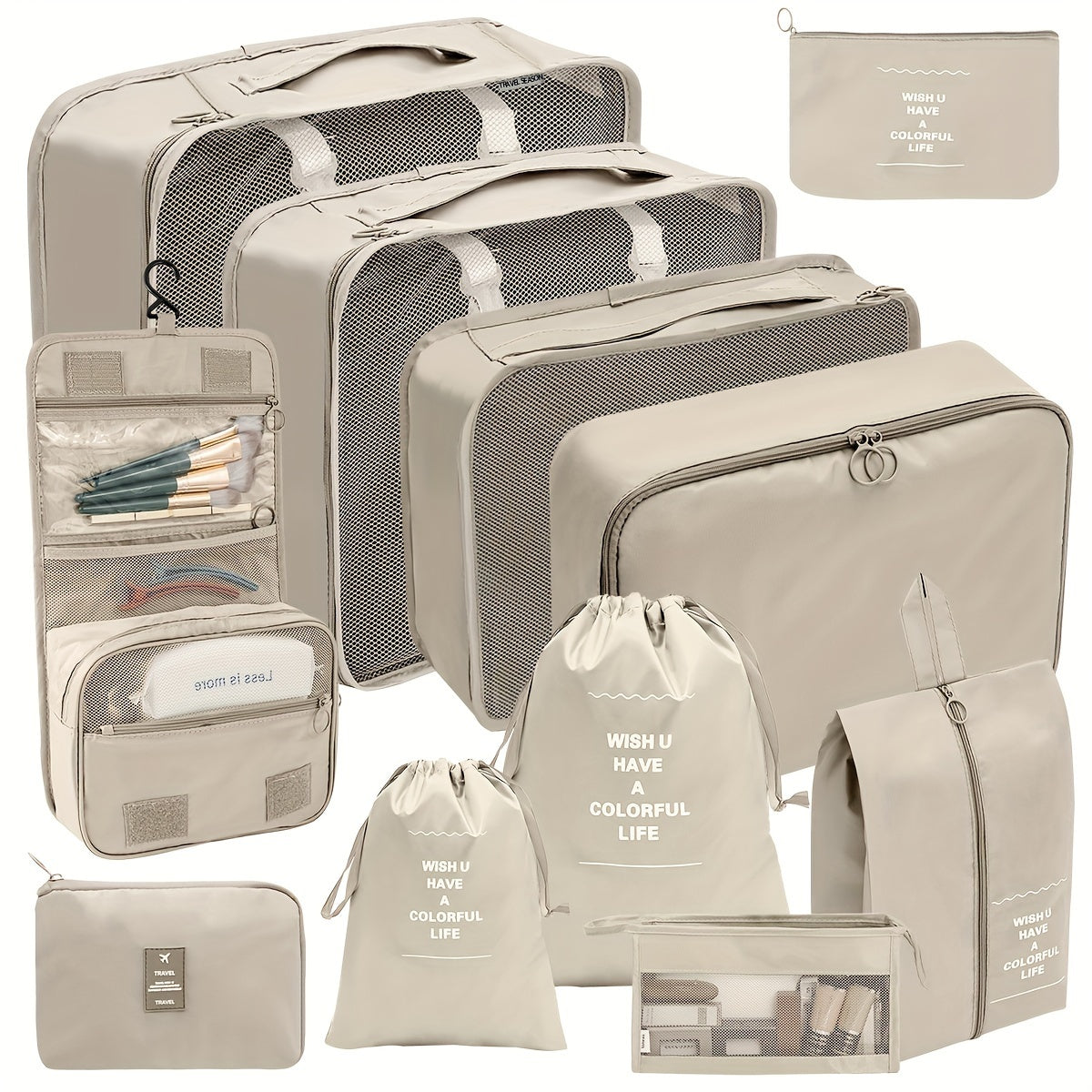 Travel Organizer Set with Foldable Packing Cubes Toiletry Bag Digital Storage Pouches and Drawstring Luggage Bags