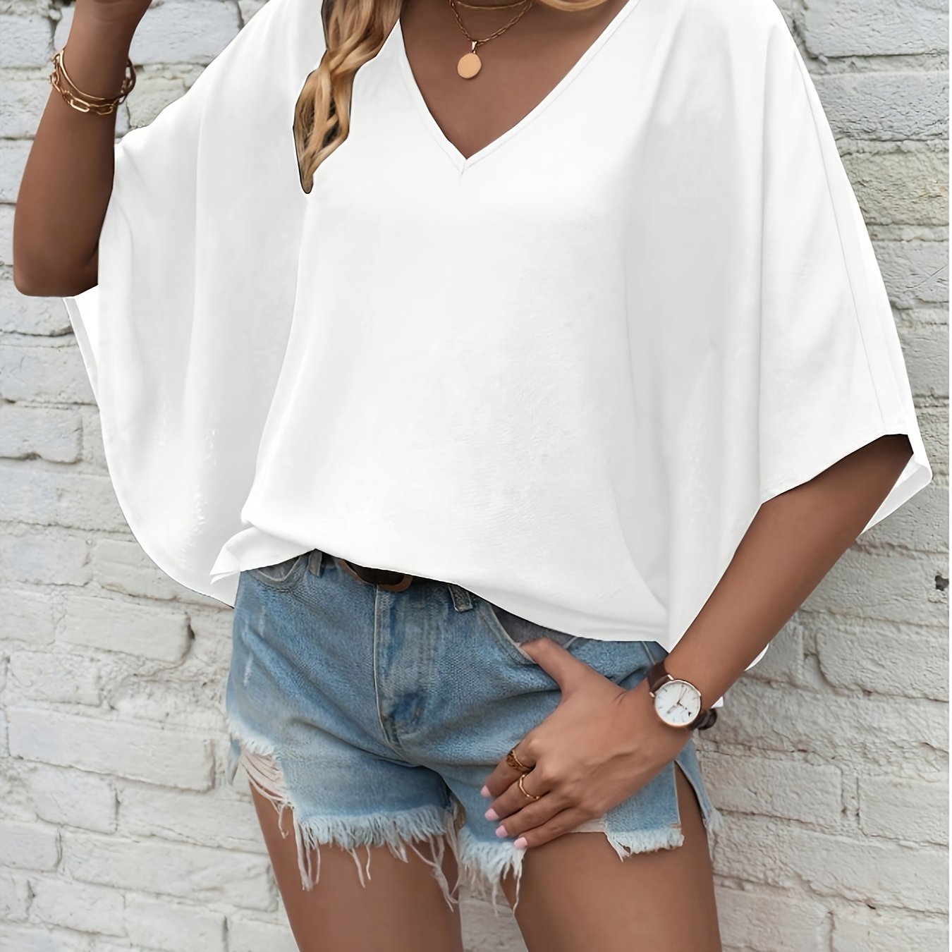 Women's White V-Neck Batwing Sleeve Blouse Casual Short Sleeve Loose Fit