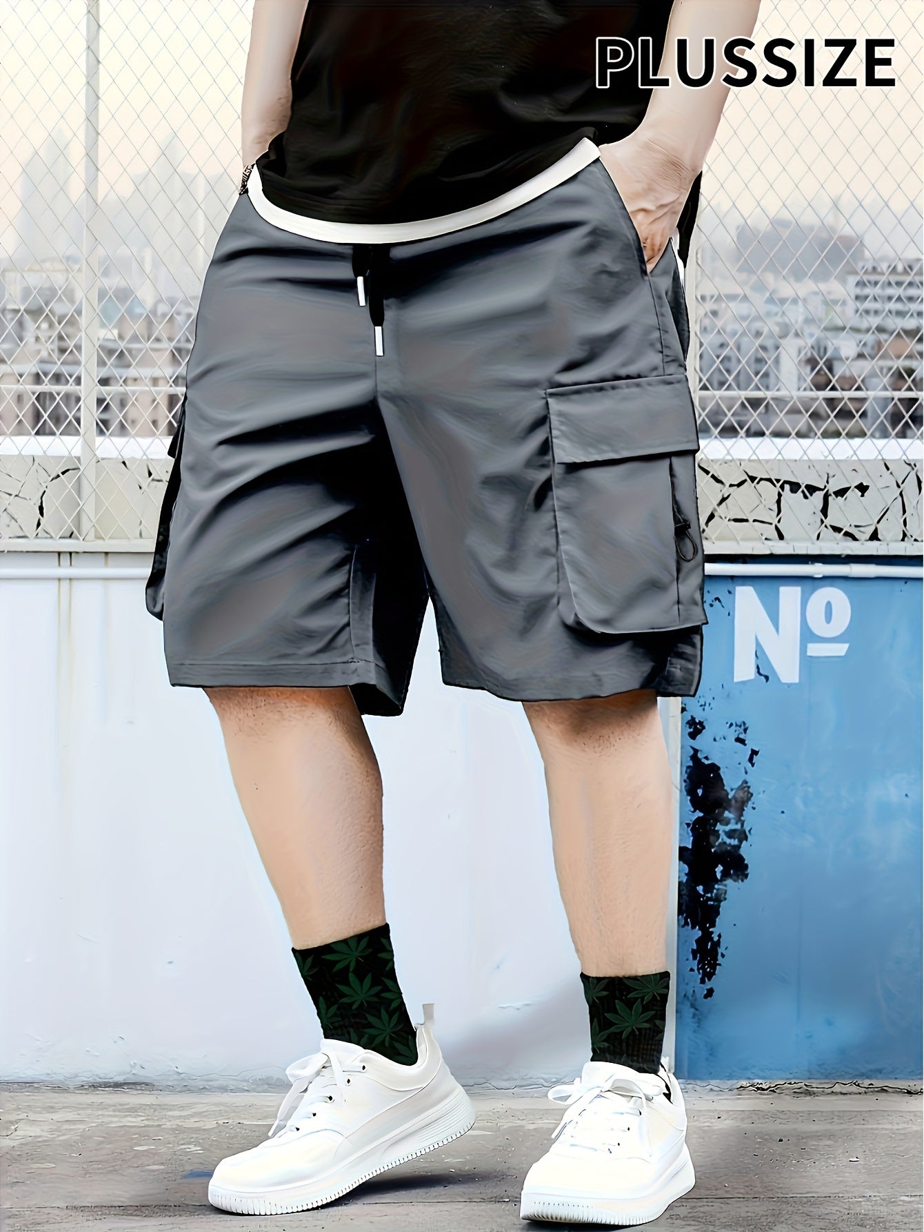 Plus Size Cargo Shorts for Men Oversized Street and Outdoor Wear Polyester Solid