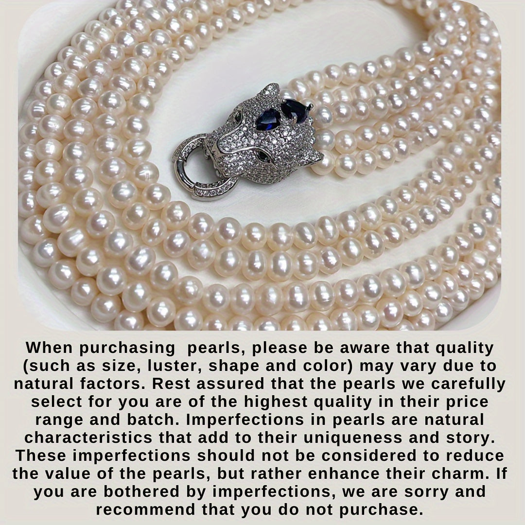 Multi-Layered Freshwater Pearl Necklace with Leopard Head Clasp White Statement Jewelry