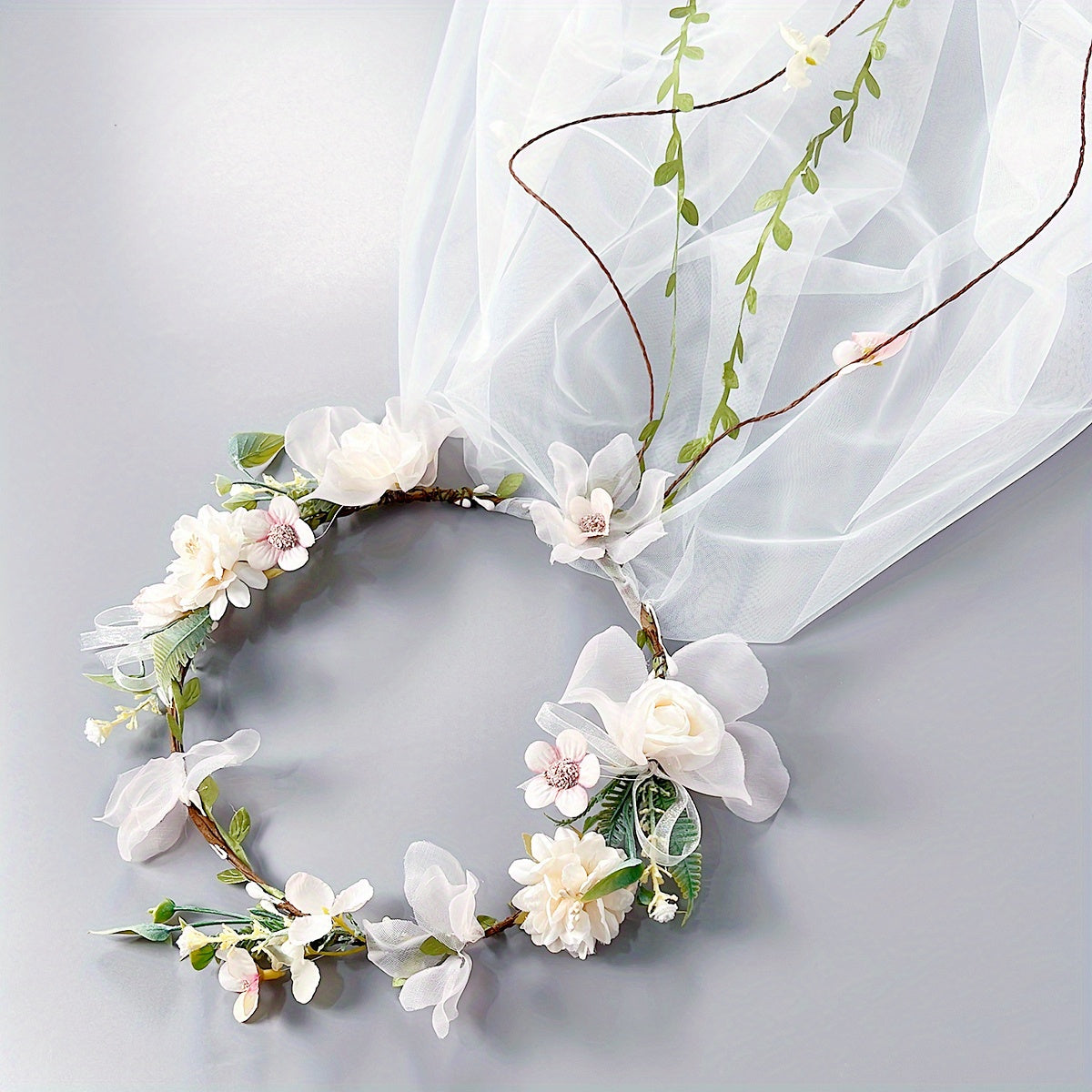 Bridal Wedding Hair Accessory Flower Headband with Double-Layer Veil Wreath Headpiece