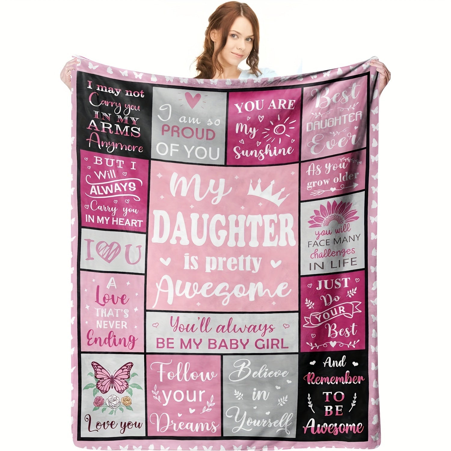 Pink Flannel Throw Blanket with Patchwork Pattern and Inspirational Quotes for Girls