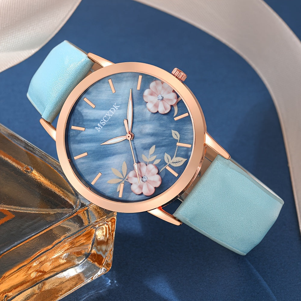 Ayollar uchun kvarts soat va moda ko‘zoynaklar to‘plami, bukletli hamyon va sun’iy charm bilan ta’minlangan strap