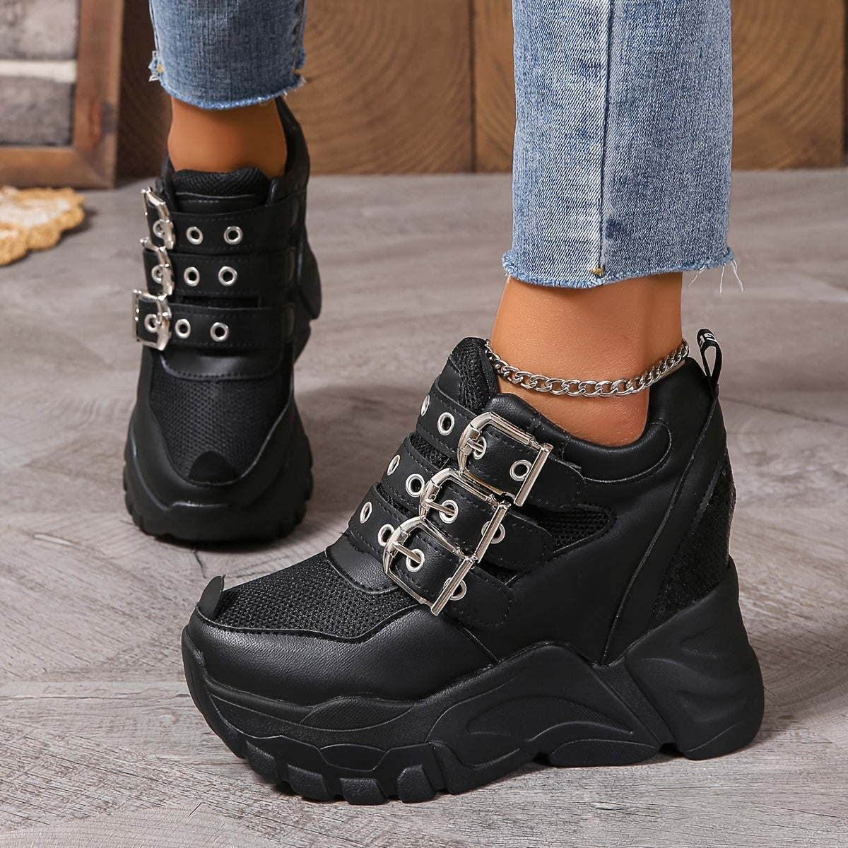 Women's Breathable Mesh Sneakers with Height Increase and Sparkling Sequins