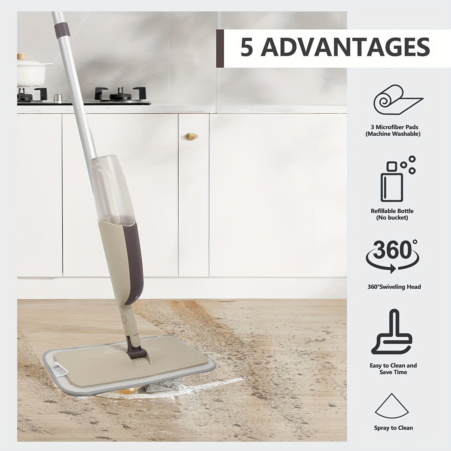 Microfiber Spray Mop with Rotating 360° Swivel Head, Reusable Pads, Adjustable Handle