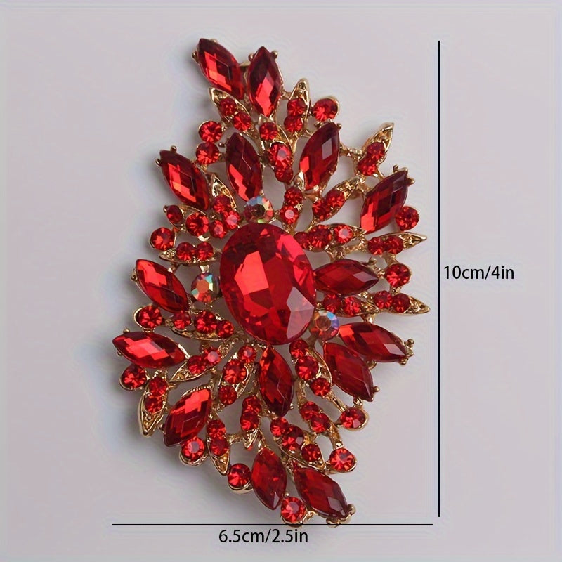 Red Crystal Glass Brooch Pin with Large Floral Design for Women
