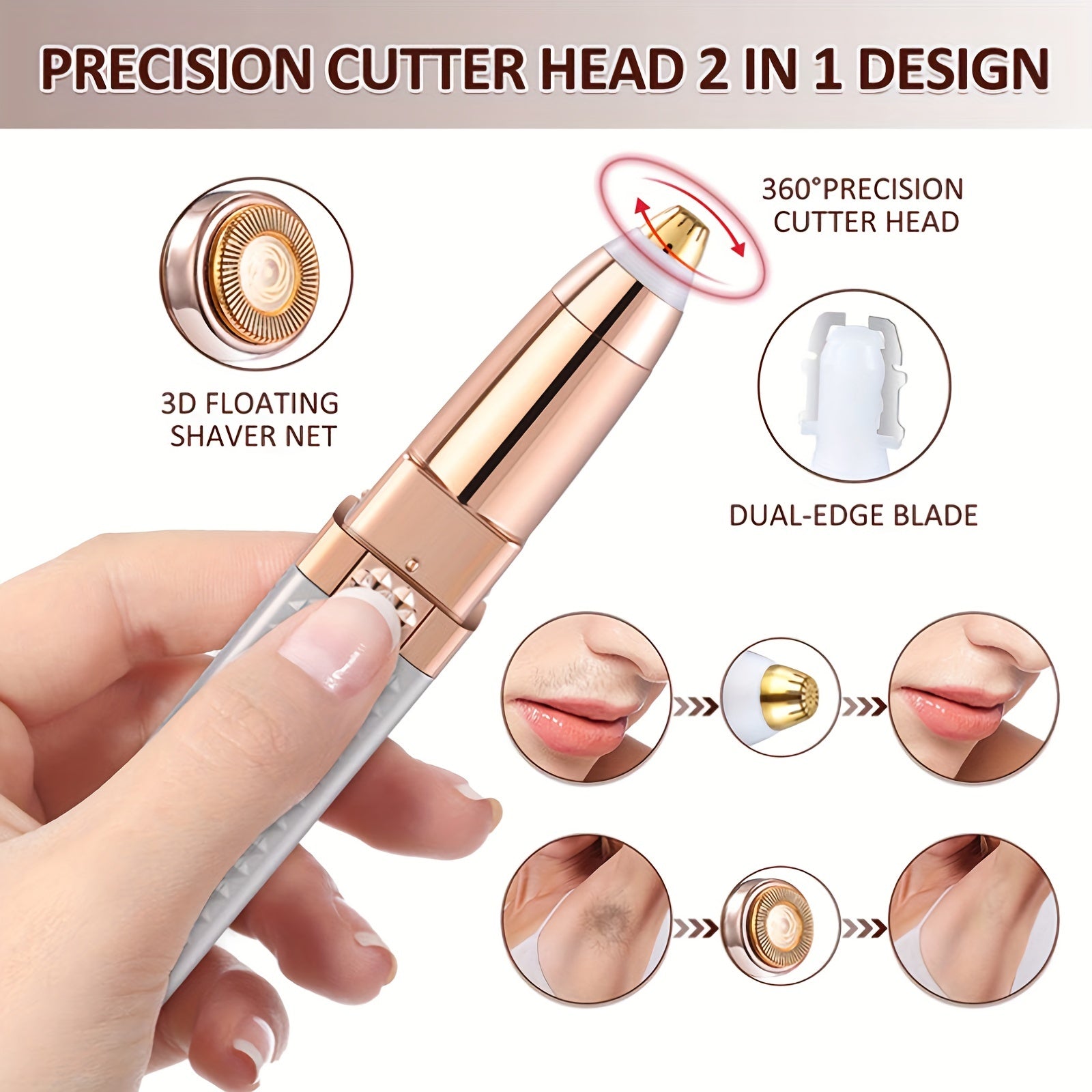 Women's Rechargeable Eyebrow and Face Hair Remover Rose Gold with LED Light