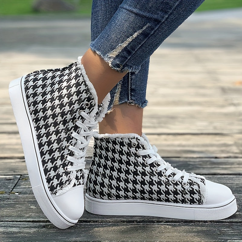 Women's Houndstooth Pattern High-Top Sneakers Black and White Fabric