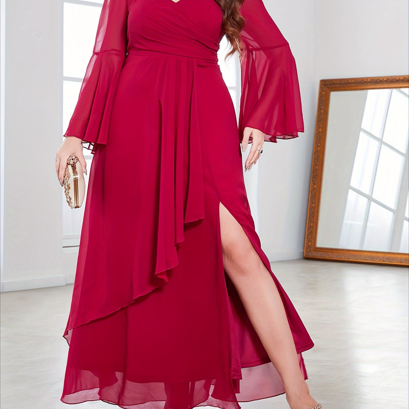 Plus Size Maxi Dress V-Neck High Slit Flared Sleeves Polyester