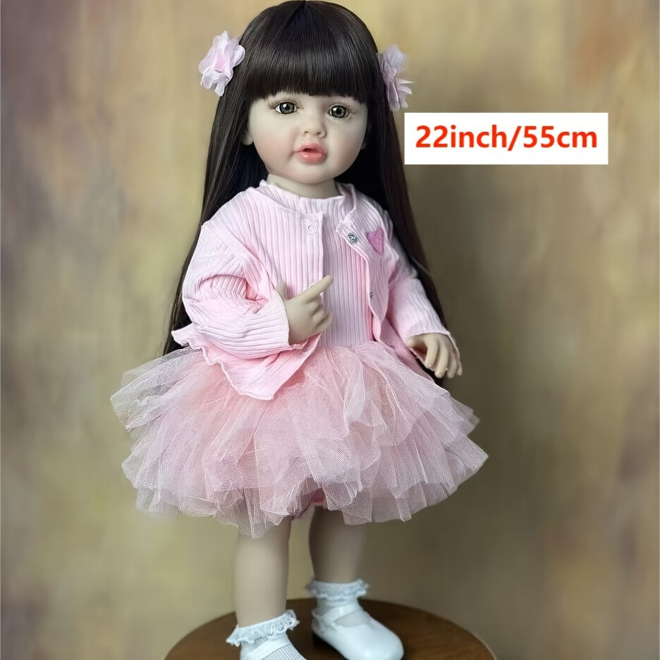 22-Inch Pink Reborn Baby Doll with Long Hair Wig Fully Poseable for Play and Collectors