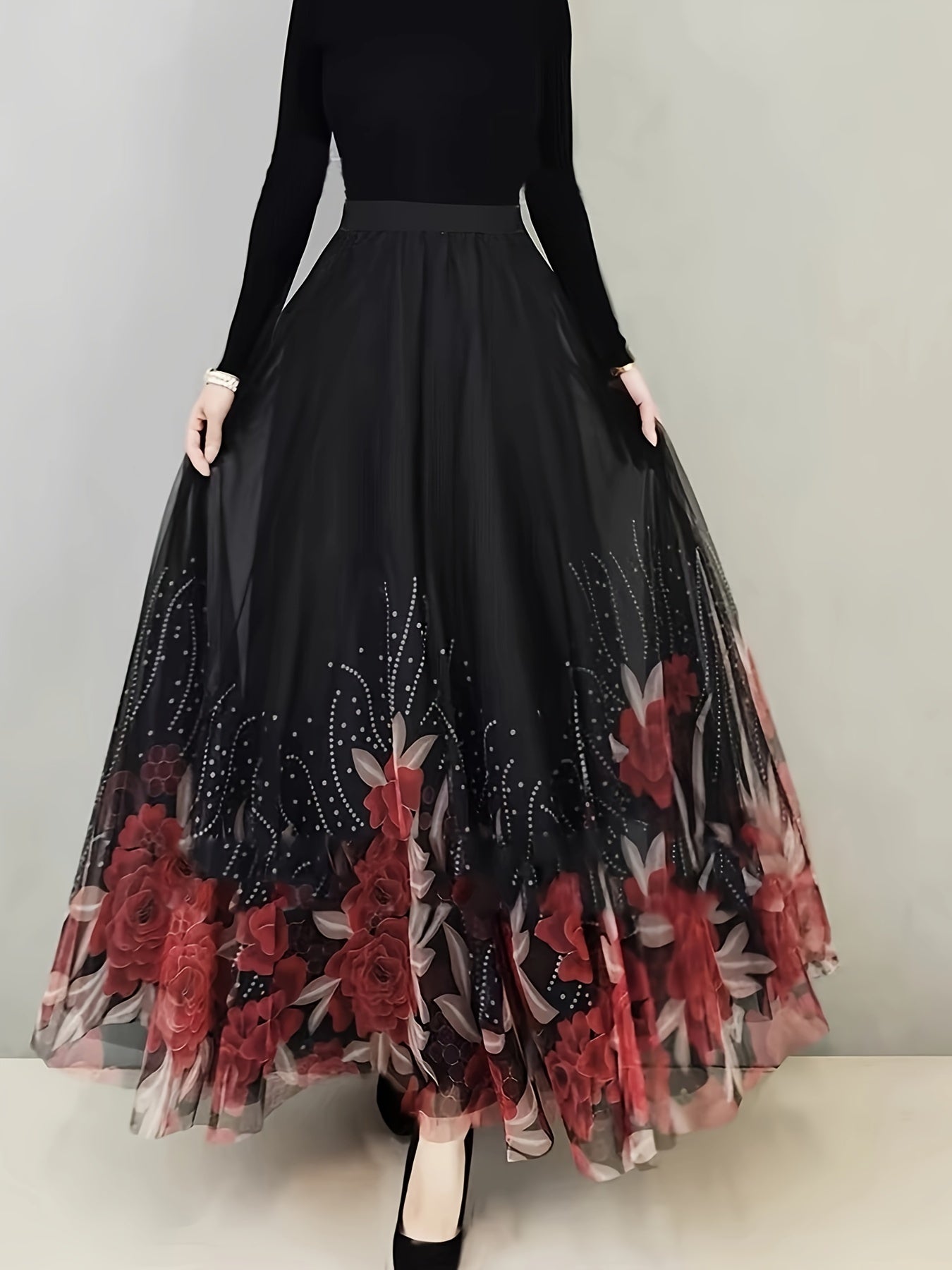 Women's Maxi Skirt with Floral and Butterfly Print Ruffle Hem Polyester Micro Elasticity