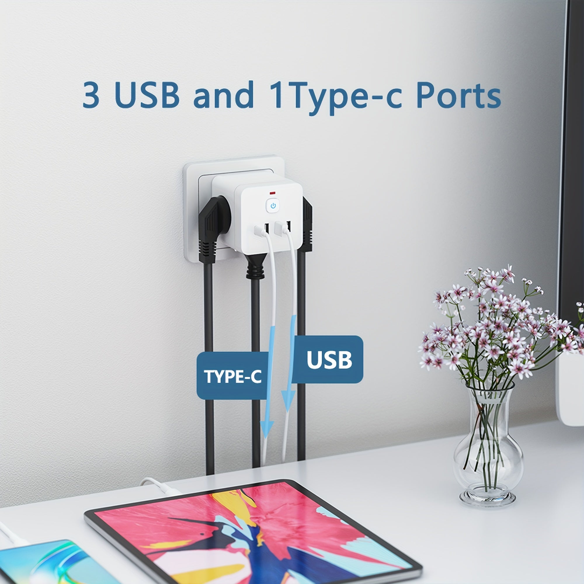 EU Power Strip with 7-in-1 Surge Protector 3 AC Outlets 3 USB Type-C for Home Office Travel