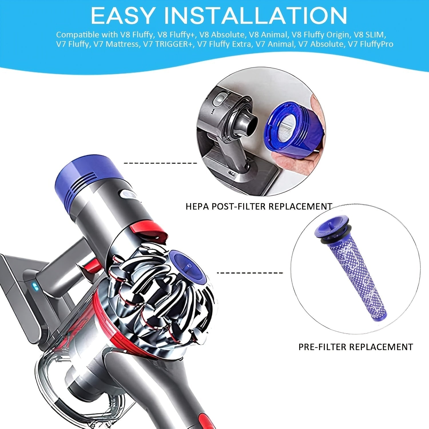 Dyson V8 va V7 Absolute Animal vakuum tozalagichi uchun aksessuar to'plami - 4 qismdan iborat to'plam, 2 ta HEPA post filtri, 2 ta old filtr va bir cho'tka, barchasi yuqori samarali almashtirish qismlari.