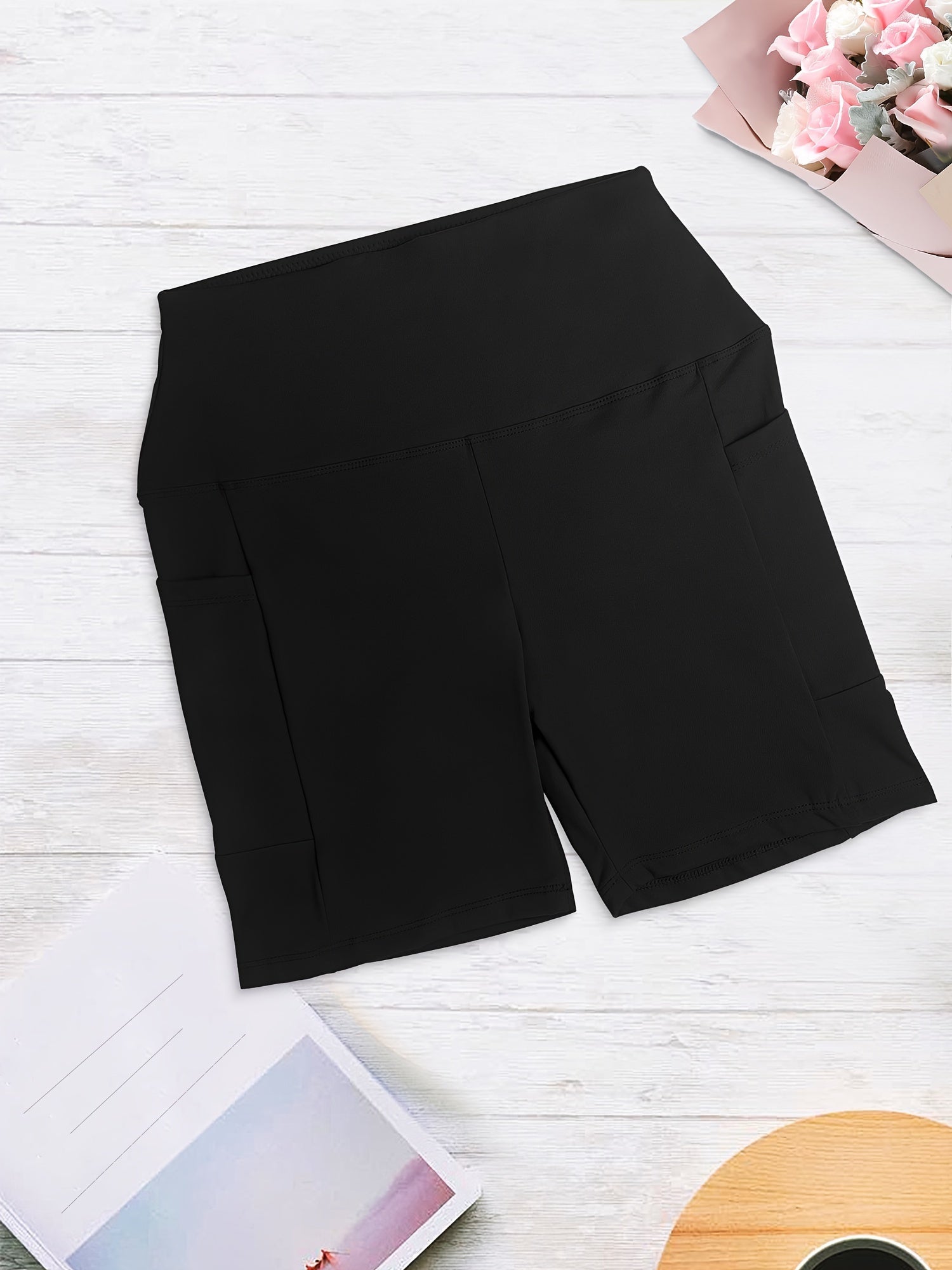 Plus Size High-Waisted Yoga Shorts Olive Green Stretchy Nylon Pockets