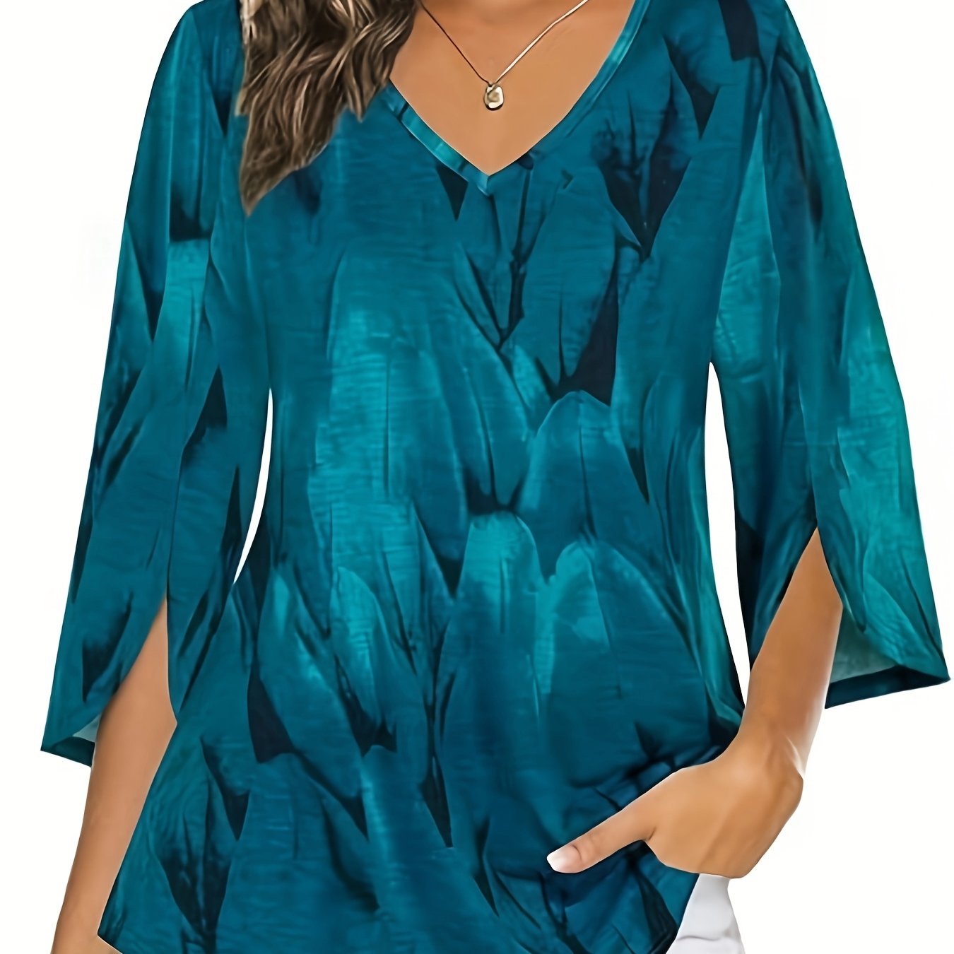 Women's V-Neck Longline Blouse with Floral Print, 3/4 Sleeves, Casual Fit