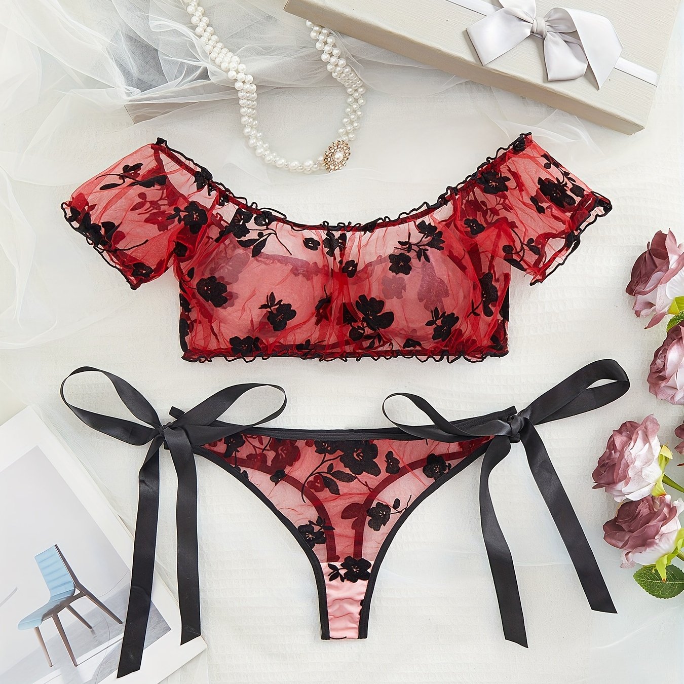 Women's Floral Mesh Lingerie Set with Off-Shoulder Top and Tie Side Thong