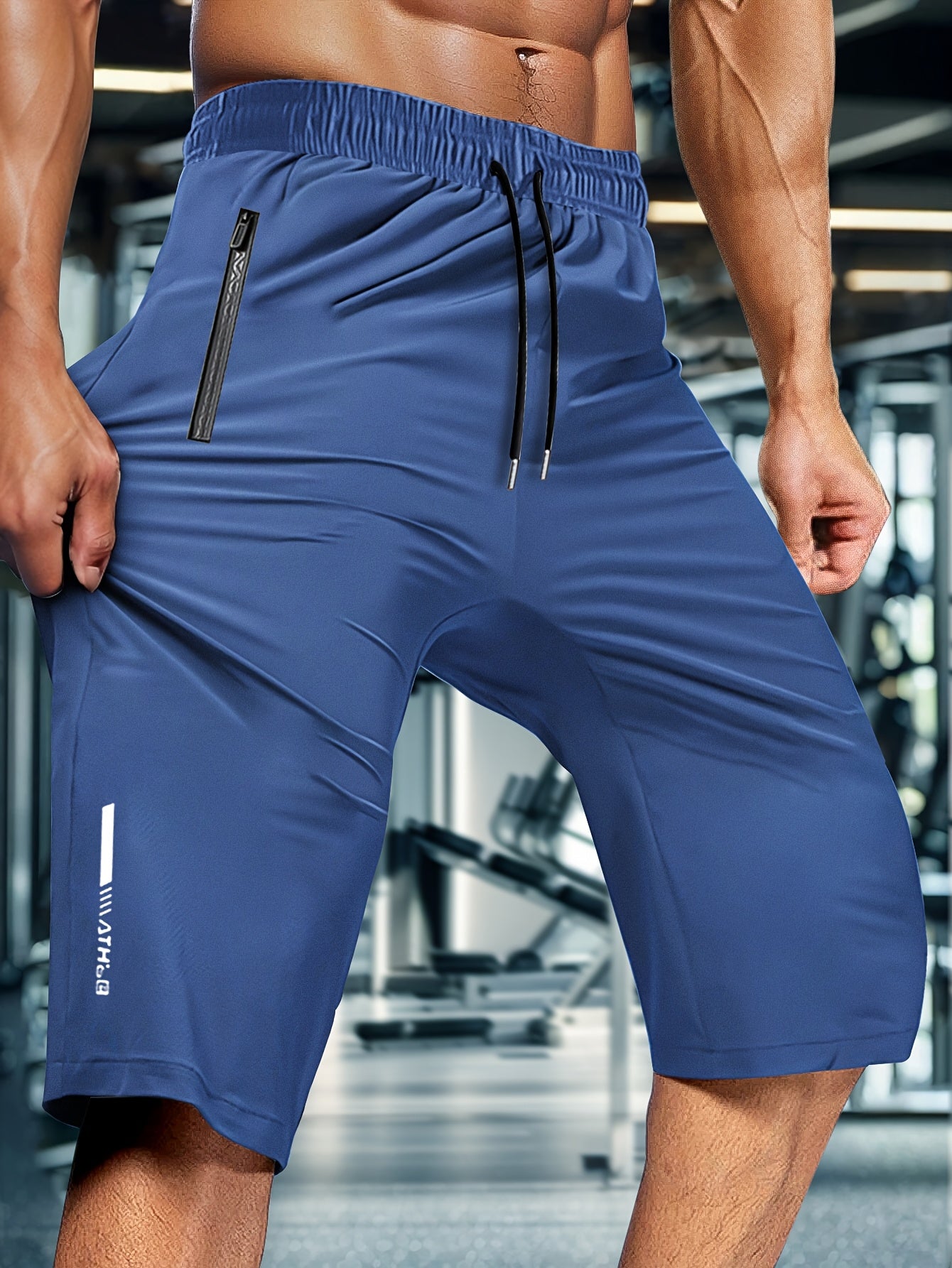 Men's Summer Elastic Fabric Capri Shorts with Drawstring Waist and Zip Pockets