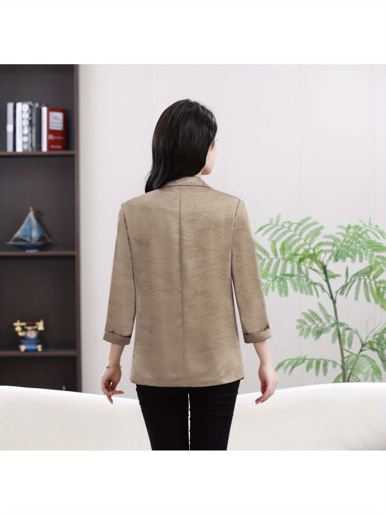 Plus Size Women's Suit Jacket Three-Quarter Sleeve Spring Autumn Caramel Khaki Coffee