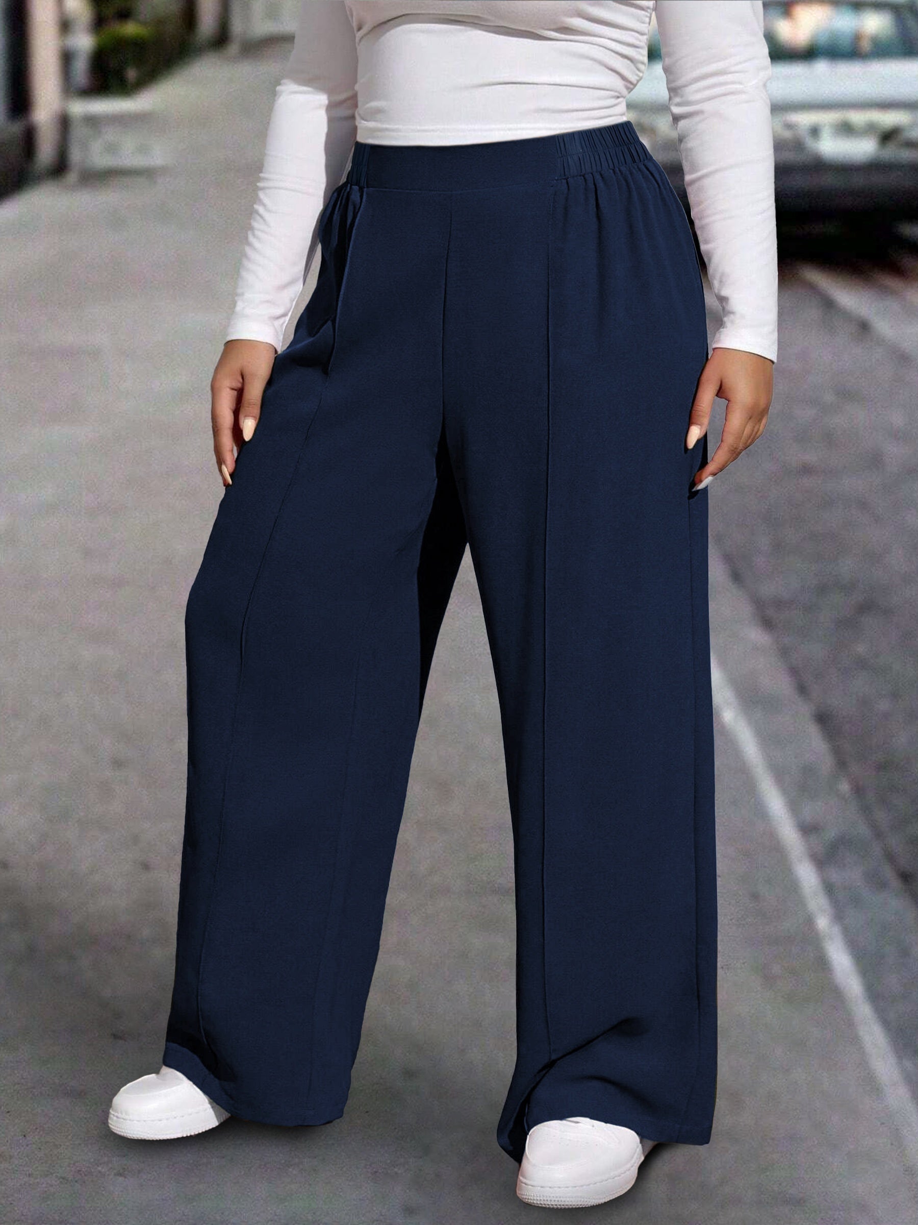 Pantalones rectos de talla grande para mujer, mezcla de poliéster, color sólido, otoño, cómodos