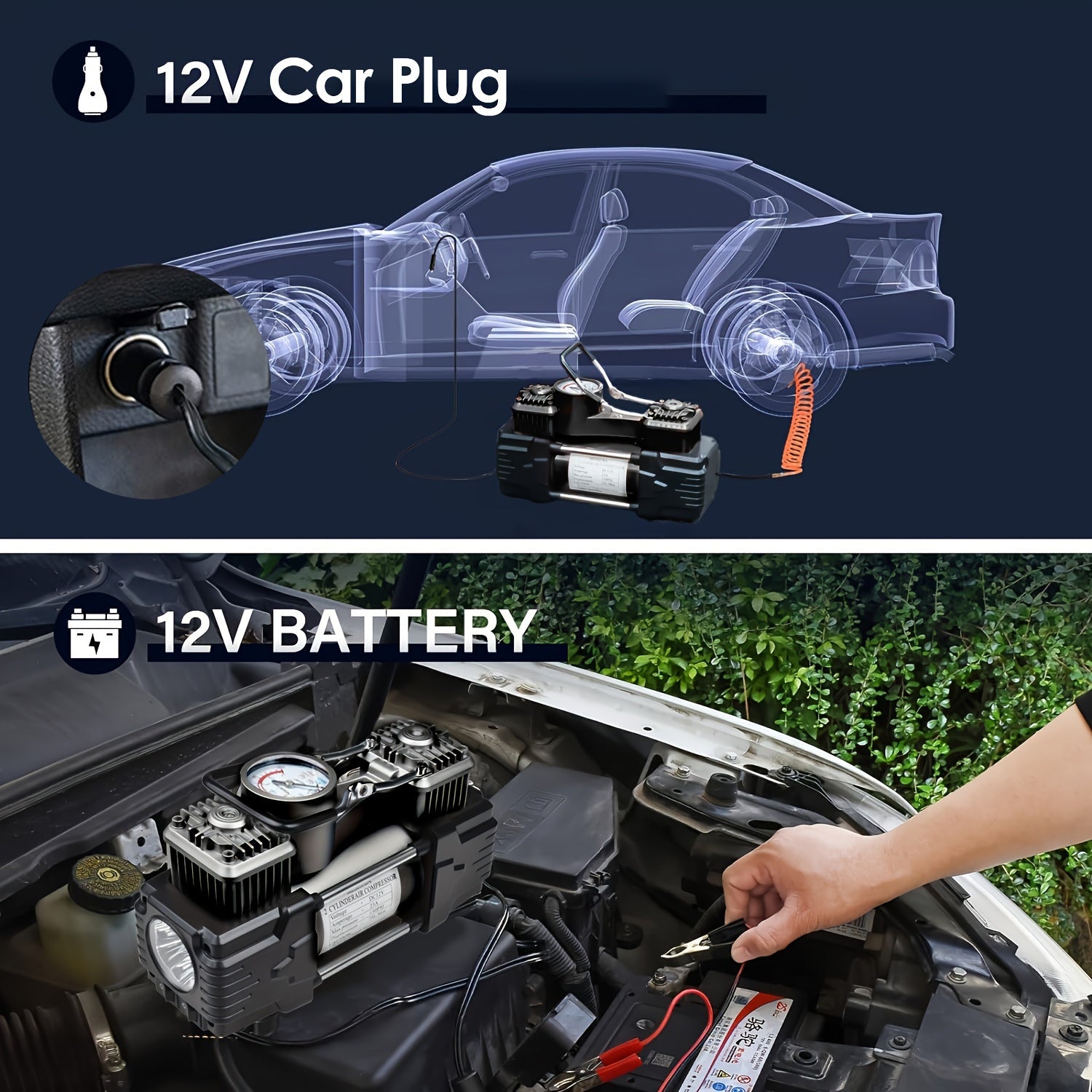 MESHUBA Portativ Ikki Silindrli Havo Kompressori: 12V Shina Inflatori, O'lchov va Favqulodda Yorug'lik bilan, Avtomobillar va Velosipedlar uchun.