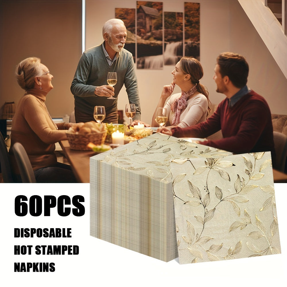 Pack of 60 Gold Leaf Pattern Square Paper Napkins 2-Ply Disposable 33cm
