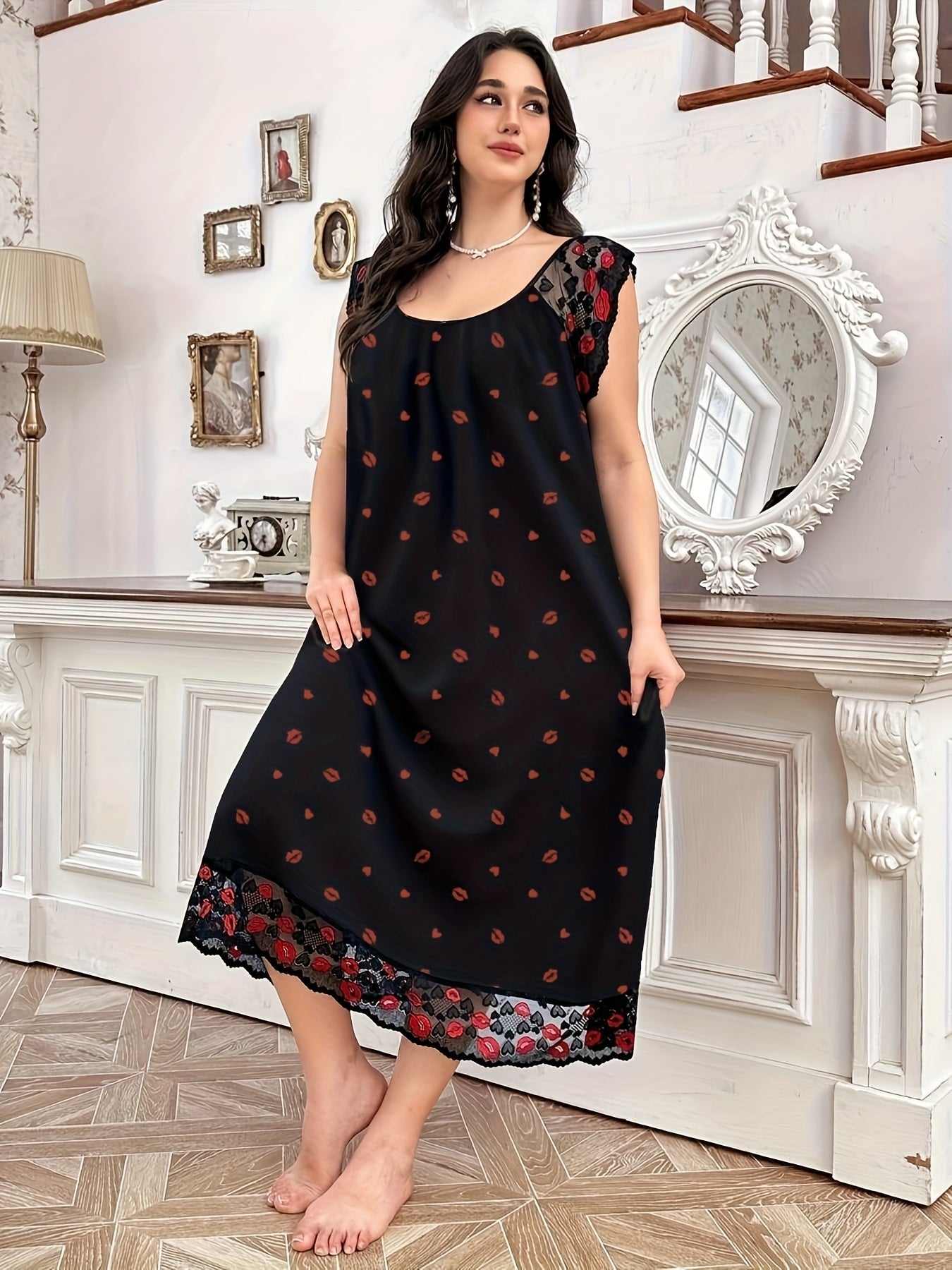 Women's Heart Print Lace Trim Nightgown Polyester Blend All Seasons