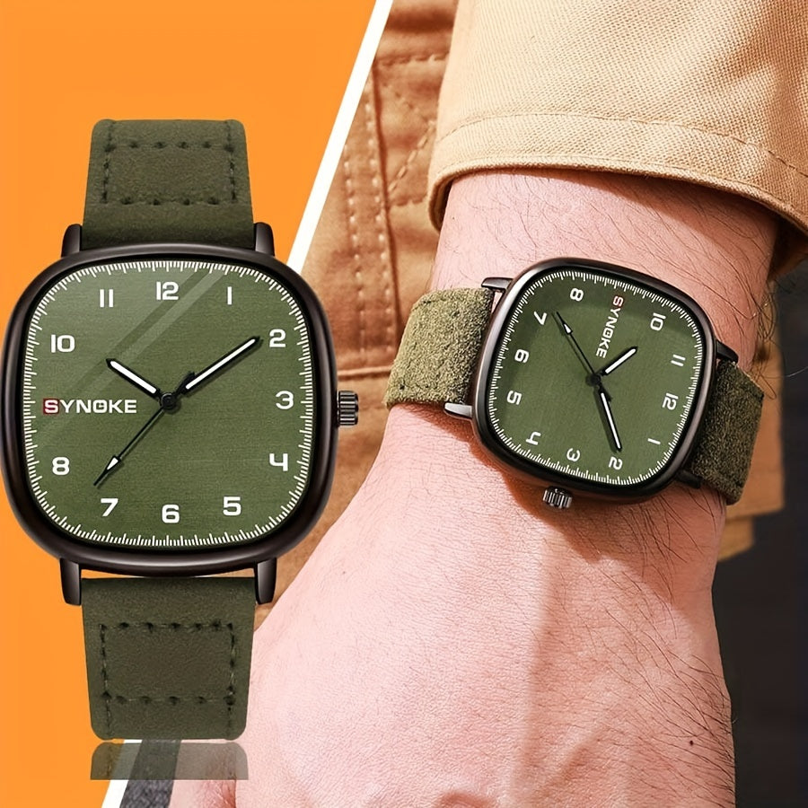 Men's Retro Army Green Quartz Watch Minimalist Sports Square Alloy Case Synthetic Leather Strap Not Waterproof
