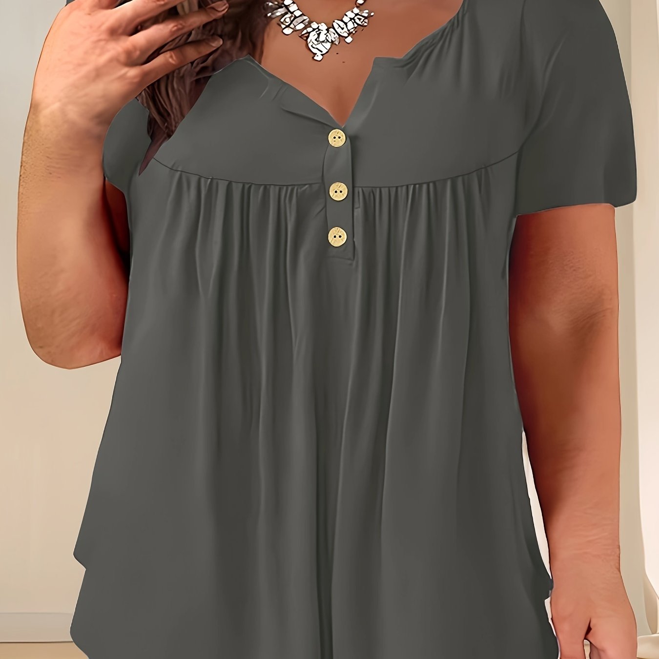 Plus Size Women's Navy Blue Casual Pleated T-Shirt with Crew Neck and Slight Stretch