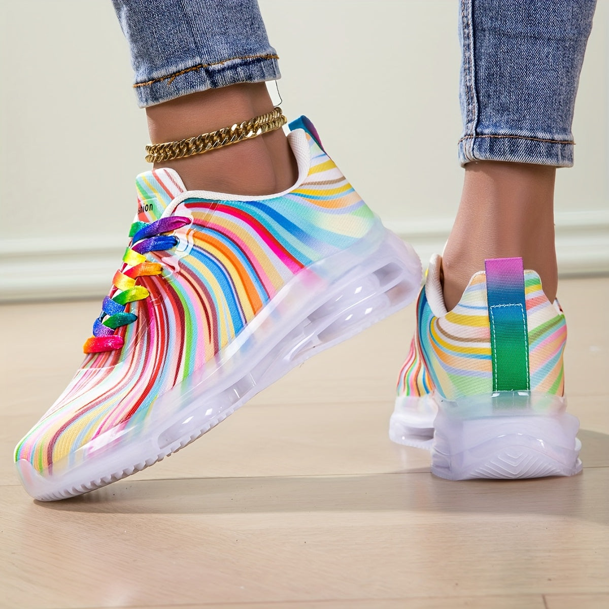 Women's Mesh Lace Sneakers with Rainbow Stripes Casual Flat Shoes for Summer
