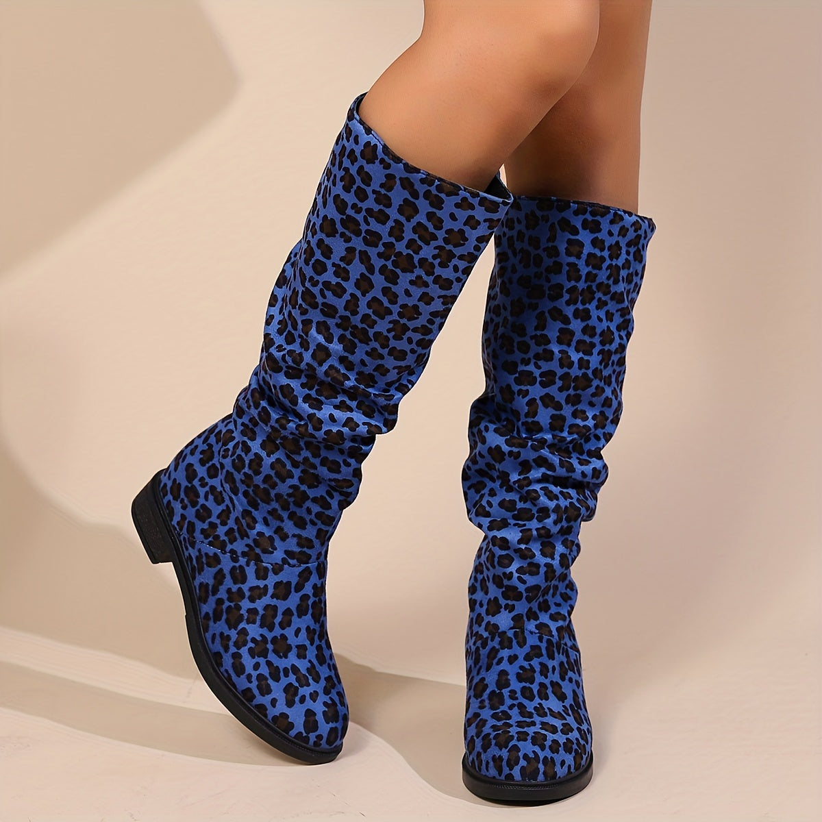 Women's Slouchy Leopard Print Boots Mid-Calf Casual Fashionable