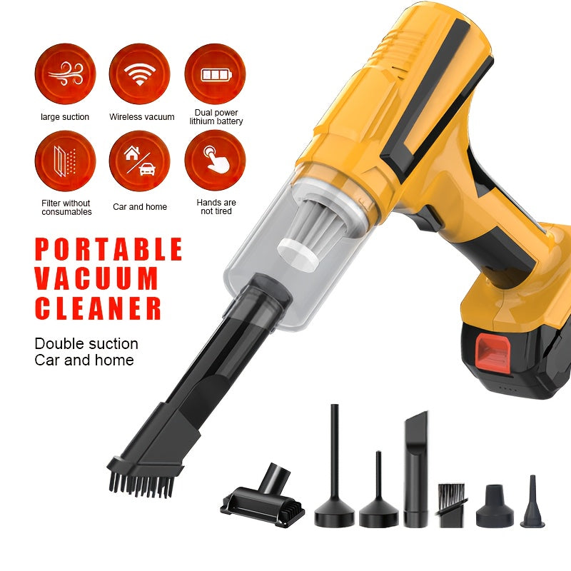 Мощный беспроводной пылесос с несколькими насадками для очистки салонов автомобилей, дома и офиса. Перезаряжаемый через USB, портативный и тихий в работе с длительным временем работы аккумулятора.